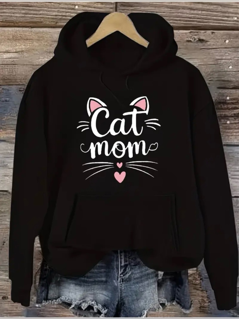 Cat Mom Hoodie Cotton Women XL Black with Pink Accents Kangaroo Pocket NWOT